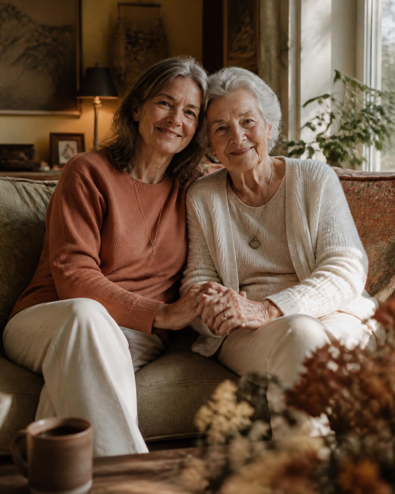 An adult daughter sitting with her elderly mother in a sunlit living room