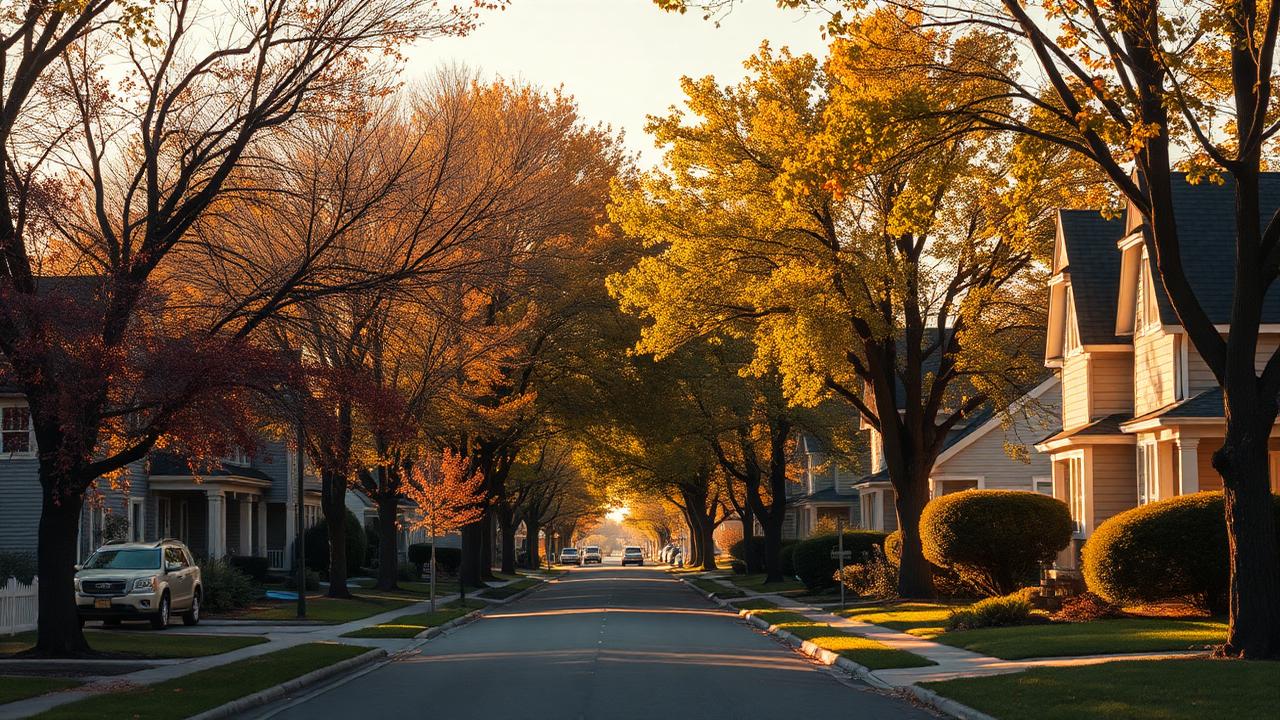 A tree-lined neighborhood street in golden autumn light
